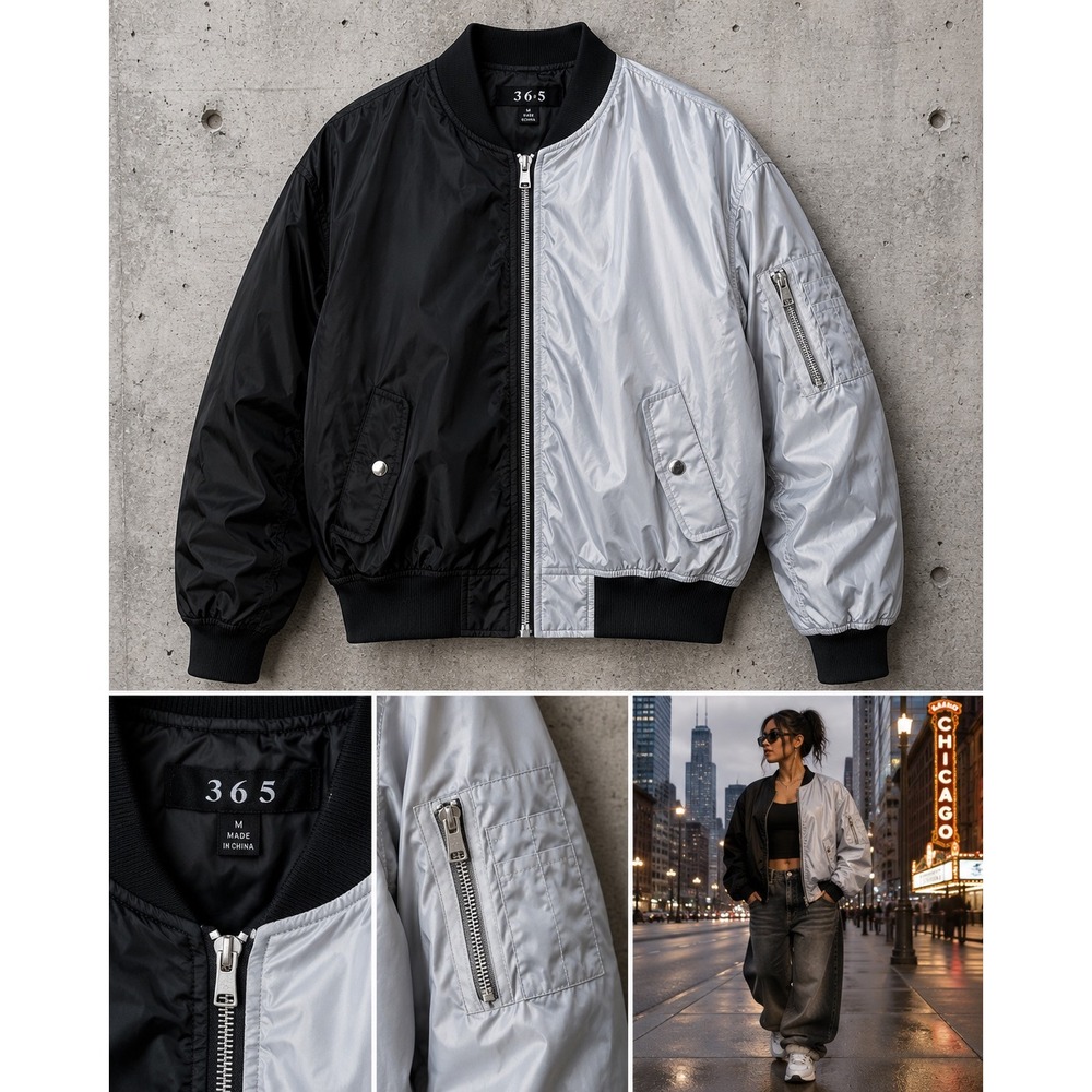 36.5 Colorblock Bomber Jacket Black Silver Split Two Tone Zip Up Streetwear M